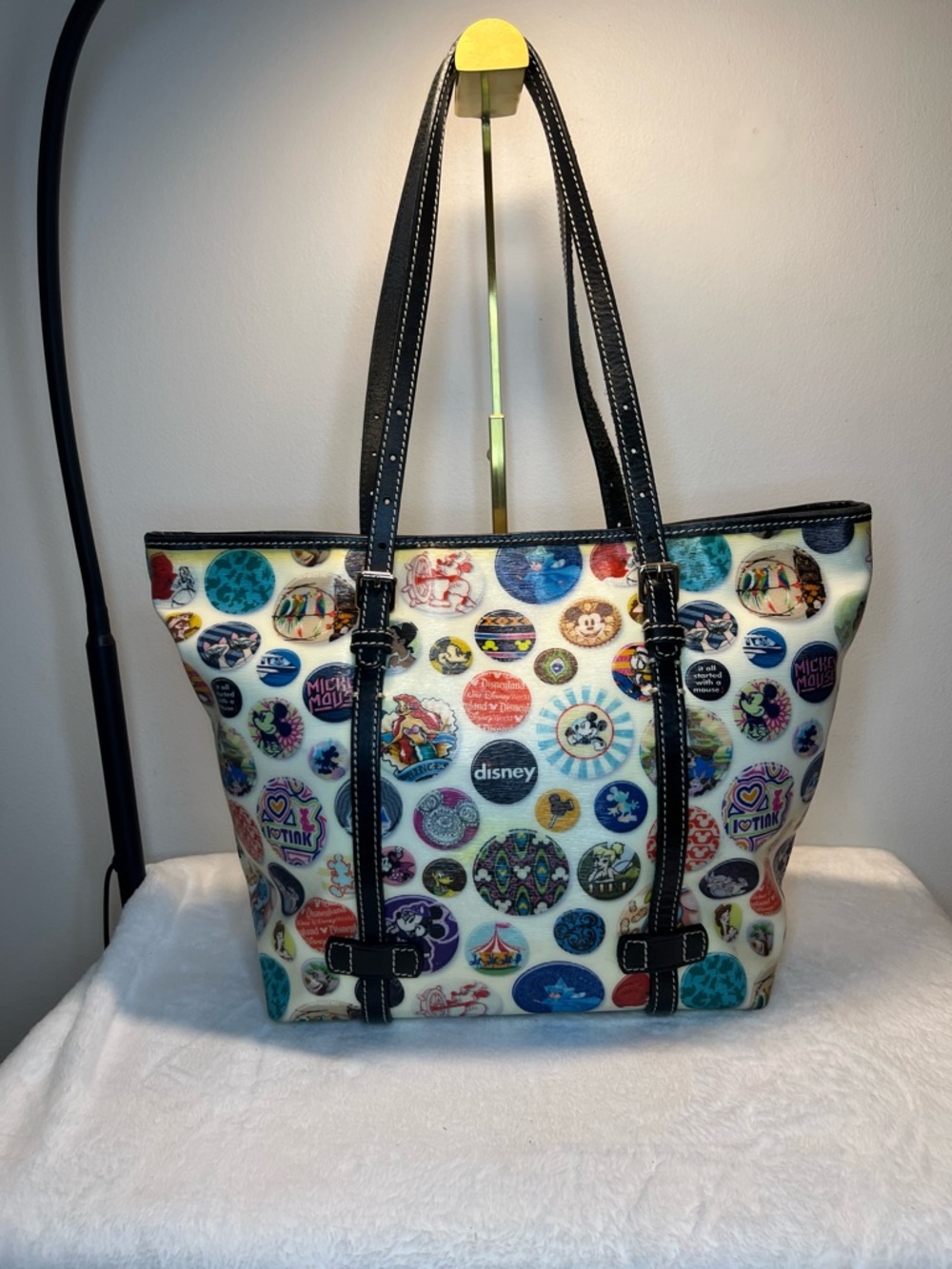 Dooney & Bourke White Disney Button-Print Tote with Black Trim EUC - Picture 4 of 14